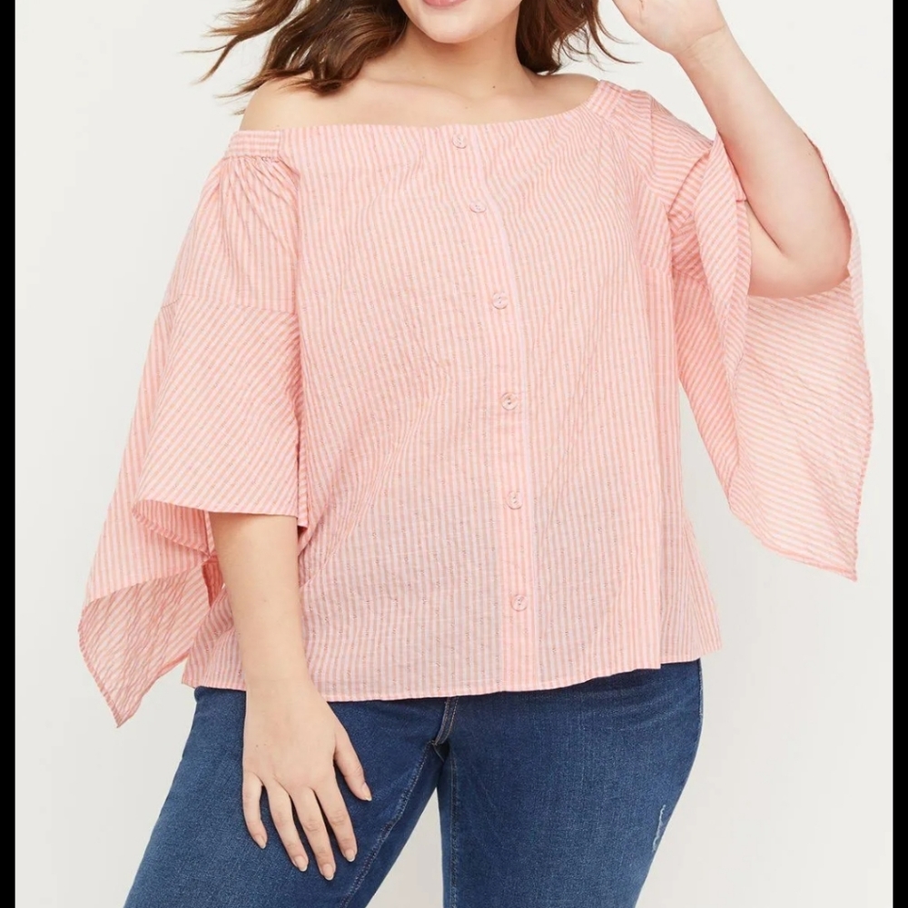 Lane Bryant Pink Striped Seersucker Top Bell Flutter Sleeve Women's 18 / 20